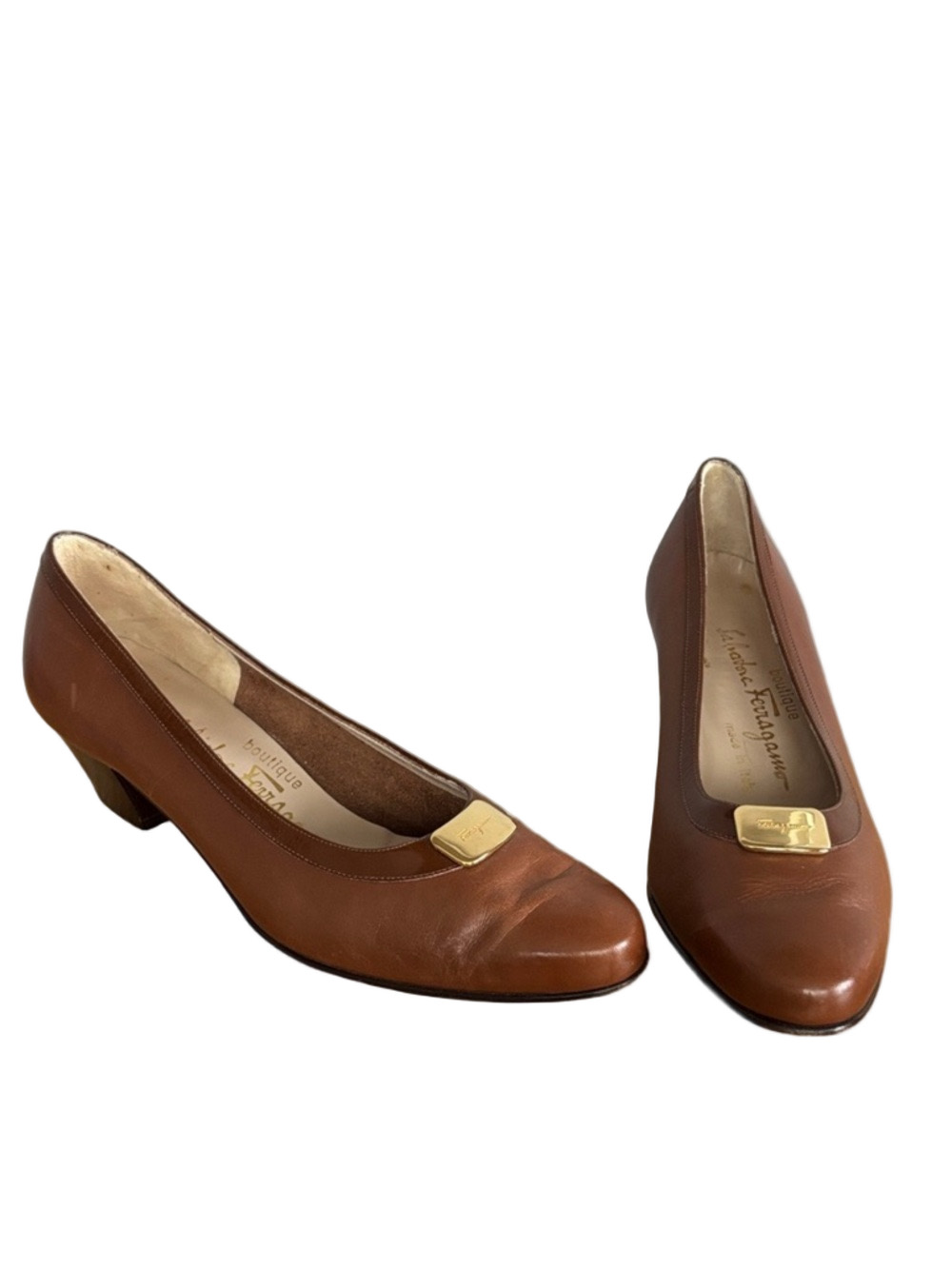 Salvatore Ferragamo Vintage Brown Calfskin Leather Pumps Gold-tone Logo Accent - Picture 2 of 8